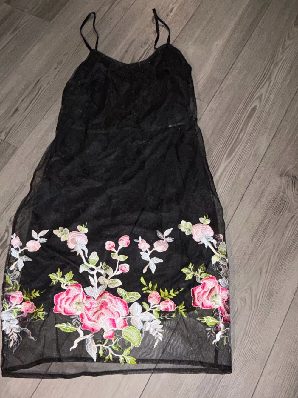 A.B.S. Black Floral Embroidered Sheer Mesh Slip Dress Pink Roses Y2K